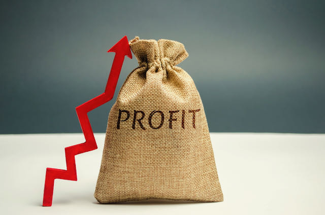 Money bag with the word Profit and an up arrow. Concept of business success, financial growth and wealth. Increase profits and investment fund. Saving money and accumulation.